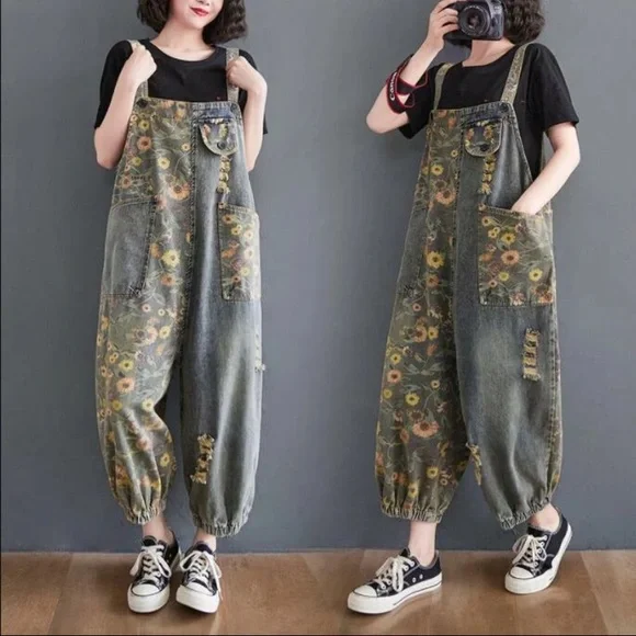 Women Print Floral Denim Overalls Casual Loose Size M Jumpsuit Wide Leg Pants - Picture 2 of 15